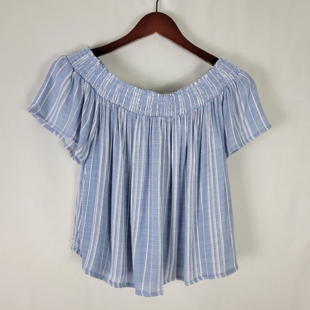 Jolt Shirt Womens Small Blue‎ Pleated Top Striped Smocked Boat Neck Short Sleeve